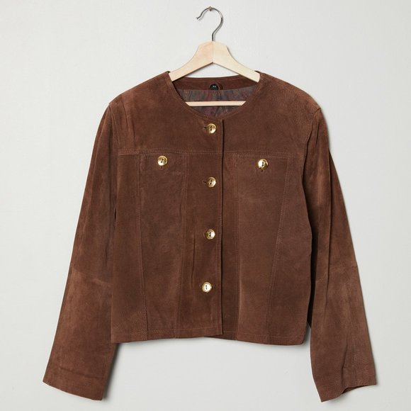 Vtg 80s Brown Suede Collarless Jacket L